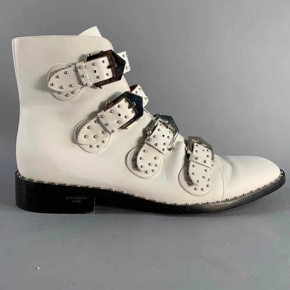 GIVENCHY Size 8 White Studded Leather Belted Boots
